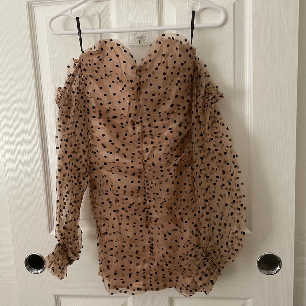 MAJORELLE Beige Sheer Off-Shoulder Polka Dot Blouse